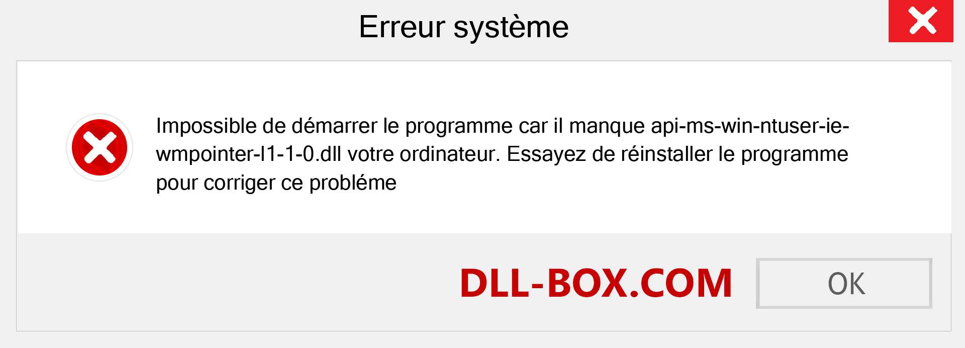 Le fichier api-ms-win-ntuser-ie-wmpointer-l1-1-0.dll est manquant ?. Télécharger pour Windows 7, 8, 10 - Correction de l'erreur manquante api-ms-win-ntuser-ie-wmpointer-l1-1-0 dll sur Windows, photos, images