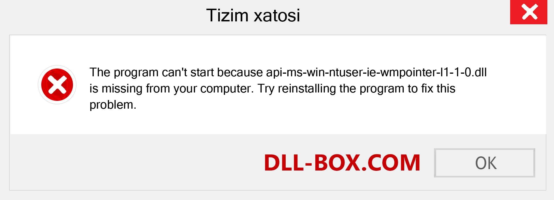 api-ms-win-ntuser-ie-wmpointer-l1-1-0.dll fayli yo'qolganmi?. Windows 7, 8, 10 uchun yuklab olish - Windowsda api-ms-win-ntuser-ie-wmpointer-l1-1-0 dll etishmayotgan xatoni tuzating, rasmlar, rasmlar